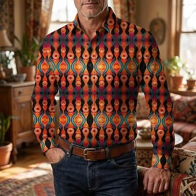 Retrò Vintage Anni '70 Camicia Camicia Aloha Lunghe Hippie Geometrico Costume Per uomo Mascherata Festival Musicale Feste Abbigliamento quotidiano Adulti Camicia