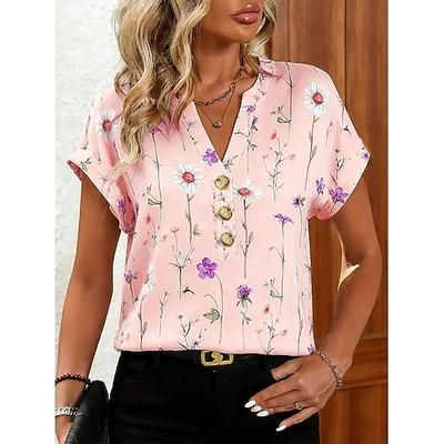 Per donna Maglietta Stampato Floreale Grafico Piante Vintage Elegante Casual Manica Corta Collo a V Top Regolari Quotidiano Uscire Weekend Blu Giallo Rosa Viola Estate Primavera