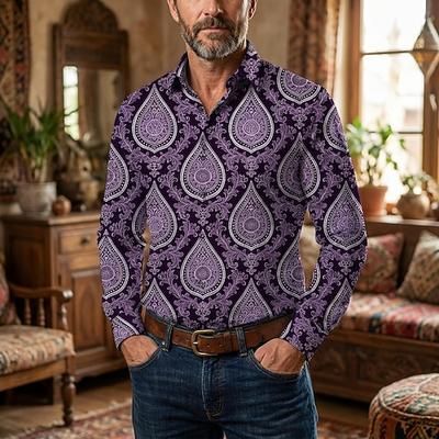 Retrò Vintage Anni '70 Camicia Camicia Aloha Lunghe Hippie Paisley Costume Per uomo Mascherata Festival Musicale Feste Abbigliamento quotidiano Adulti Camicia
