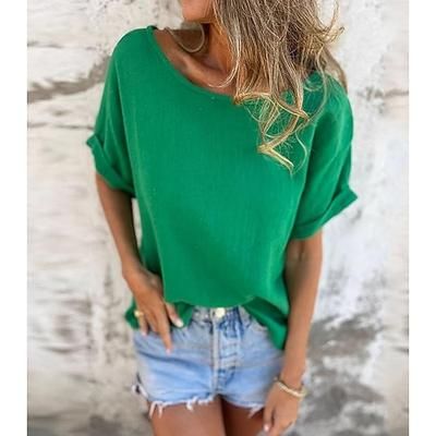 Per donna Maglietta Tinta unica Vintage Elegante Casual Manica Corta Manica a pipistrello Scollo a Barca Top Regolari Quotidiano Uscire Nero Verde Cachi Estate Primavera