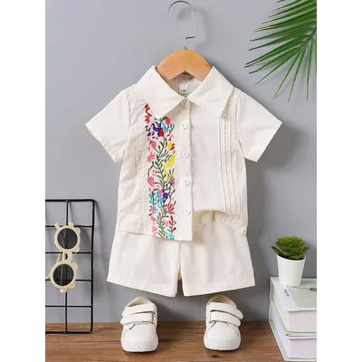 Baby Boy Beige Outfit, Floral Embroidery Collared Shirt & Shorts, Summer Casual Set