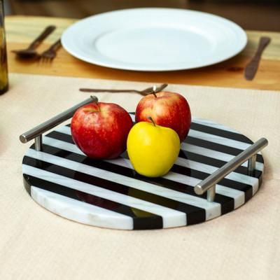 Cosmopolitan Treats,'Striped Black and White Marble Tray with Silver Grey Handles'