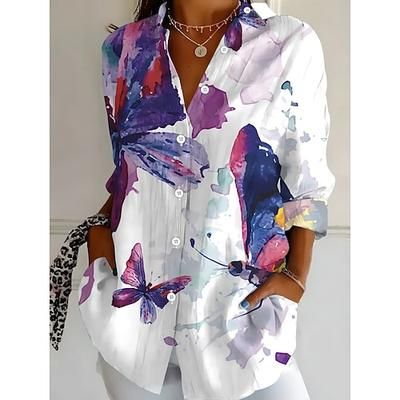 Per donna Camicia Blusa Patchwork Bottoni Stampato Grafico Geometrico Plaid Vintage Tropicale Quotidiano Manica Lunga Colletto a Camicia Top Regolari Quotidiano Bianco Viola chiaro Estate Primavera