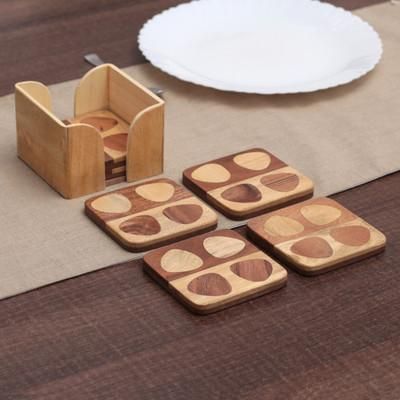 Mosaic of Petals,'Set of 6 Handmade Mango and Haldu Wood Coasters from India'