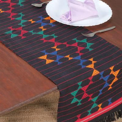 Magical Constellations,'Handwoven Fringed Cotton Table Runner with Geometric Motifs'