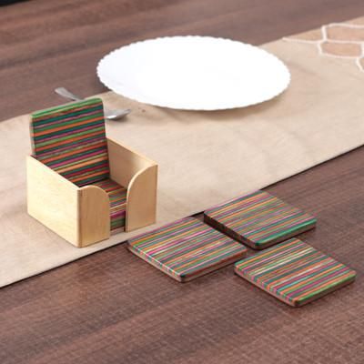 'Handmade Striped 6-Piece Mango and Haldu Wood Coaster Set'
