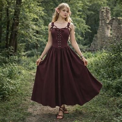 Vintage Medievale Rinascimento Lunghezza lunga Vestito Fata Allacciato Linea ad A Costume Per donna Fantasia Halloween Carnevale Mascherata Fiera Rinascimentale LARP Festa a tema retrò Adulti Vestito