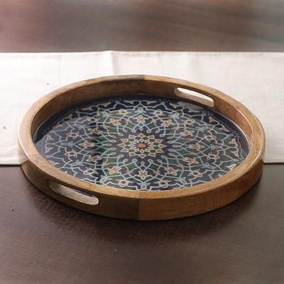 'Mandala-Inspired Round Blue Resin-Coated Mango Wood Tray'