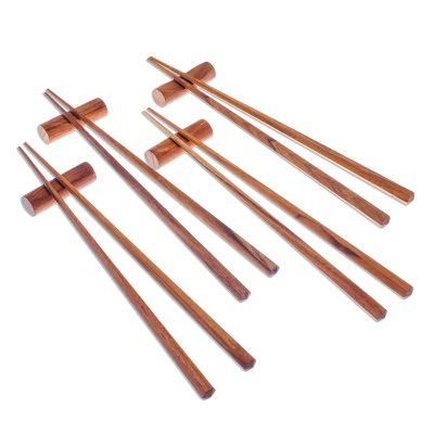 Authentic Meal,'Hexagonal Teak Chopstick Set of 4 with Rests'