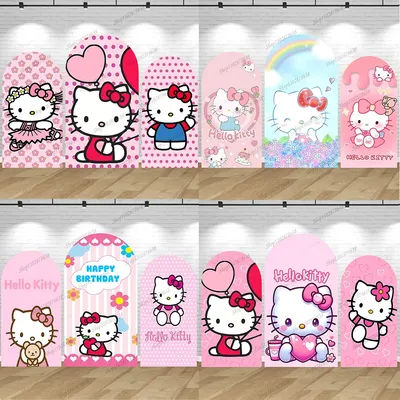 Hello Kitty Arch Cover Spandex Elastic Sanrio Theme Hello Kitty Arch Backdrop Pink Cartoon Cat Birthday Party Background Decor