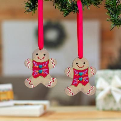 'Pair of Gingerbread Man-Shaped Hand-Painted Wood Ornaments'