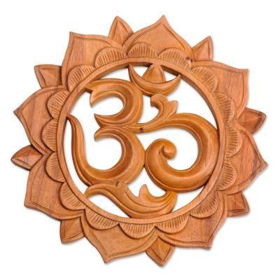 Sunflower Om,'Brown Suar Wood Floral Om Relief Panel from Bali'