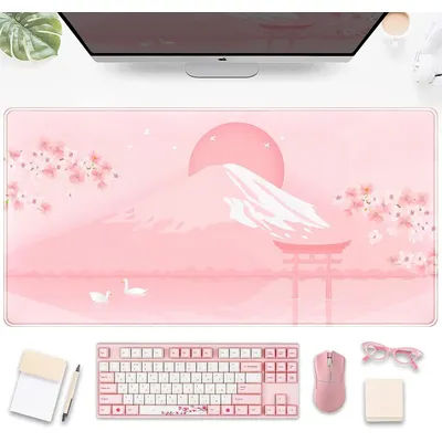 Tapis de souris Cherry Blossom Sakura – Tapis de bureau floral rose Kawaii avec support Fuji pour les jeux et le bureau