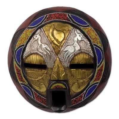 Promise of Prosperity,'Bead and Brass Repousse African Wall Mask with Animal Motifs'