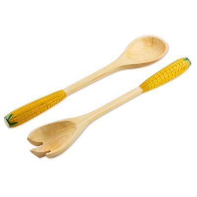 Cypress wood salad serving set, 'Golden Corn' (pair)