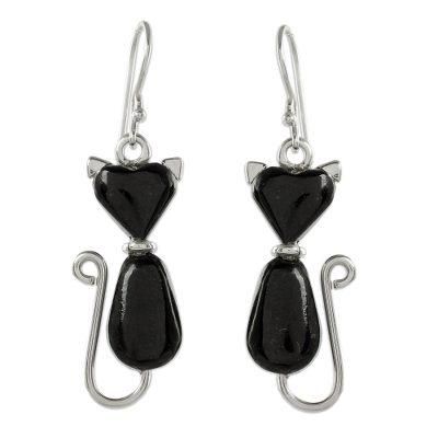 Cats of Love in Black,'Jade Cat Dangle Earrings in Black from Guatemala'