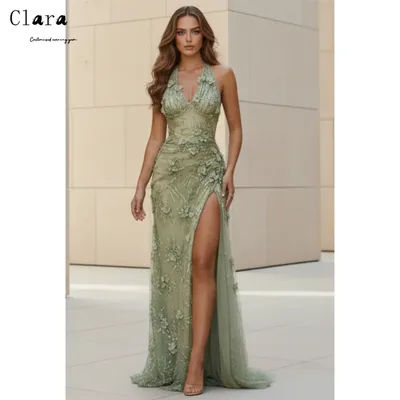 Robe de soirée longue Clara personnalisée verte à fleurs 3D avec fente latérale et coupe sirène pour femme, idéale pour les fêtes de luxe 2026