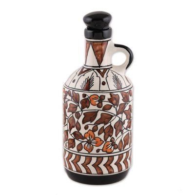 'Hand-Painted Floral Ceramic Bottle in Black from India'
