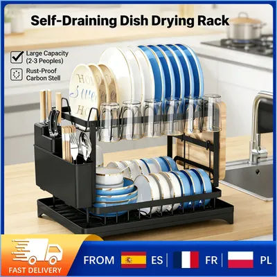 Égouttoir à vaisselle en acier au carbone avec système d'auto-vidange 360 ° Organisateur de comptoir de cuisine avec support pour ustensiles et buse rotative