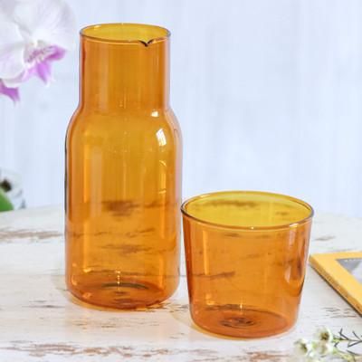 Victorious Elixir,'Handblown Clear Orange Pitcher and Rocks Glass Set'