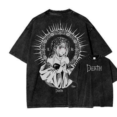 Death Note Misa Theme Double-Sided T-Shirt Dark Religious Style Illustration + "DEATH" Typography + Anime Gothic Subculture
