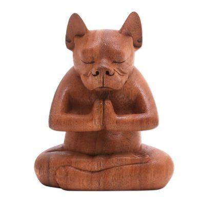 Yoga Boston Terrier in Brown,'Yoga Meditation Brown Boston Terrier Handmade Wood Statuette'