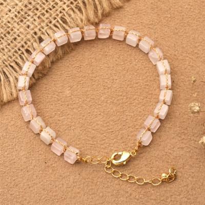 'Gold-Accented Link Bracelet with Knotted Rose Quartz Stones'