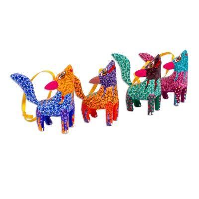 Howling Coyotes,'Handmade Wood Alebrije Coyote Ornaments (Set of 4)'