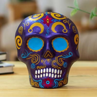 Face of the Mythic Underworld,'Purple Floral Painted Day of the Dead Ceramic Skull Wall Art'
