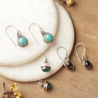 'Folk Art 3-Piece Gemstone Dangle and Button Earring Set'