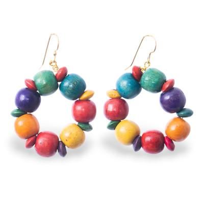 'Hoop-Shaped Wood Beaded Dangle Earrings in Vibrant Shades'