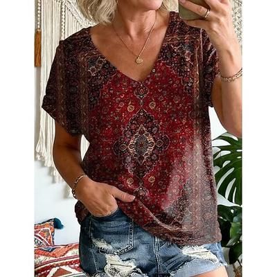 Per donna Maglietta Stampato Grafico Geometrico Vintage Elegante Classico Manica Corta Scollo a V Top Regolari Quotidiano Palestra Uscire Rosa Vino Estate Primavera
