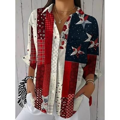 Giorno dell'Indipendenza Americana Per donna Camicia Arricciato Patchwork Bottoni Grafico Bandiera Vintage Elegante Manica Lunga Manica a Volant Manica a Campana Colletto a Camicia Top Regolari