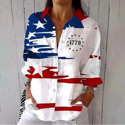 Giorno dell'Indipendenza Americana Per donna Camicia Arricciato Patchwork Bottoni Grafico Bandiera Vintage Elegante Manica Lunga Manica a Volant Manica a Campana Colletto a Camicia Top Regolari