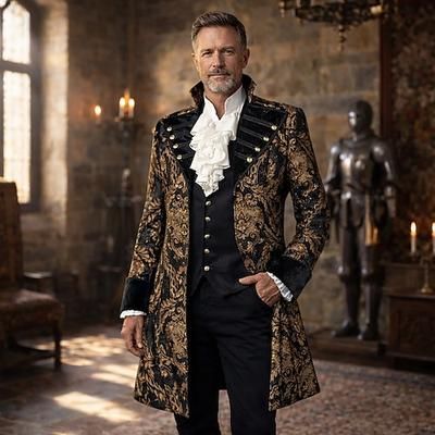 Gotico Vittoriano Medievale Asimmetrico Cappotto Lunghe Pirata Jacquard Costume Unisex Halloween Carnevale Mascherata Fiera Rinascimentale LARP Adulti Cappotto