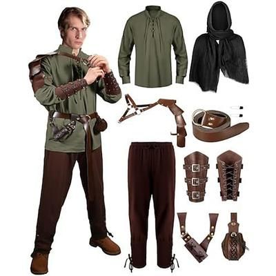 Medievale Rinascimento Pantaloni Camicia Mantello con Cappuccio Lunghe Arciere Pirata Ranger Allacciato Costume Per uomo Costumi da pirata Mascherata Feste Fiera Rinascimentale LARP Adulti Camicia