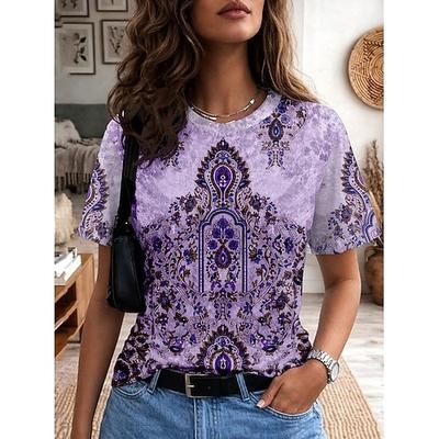 Per donna Maglietta Stampato Grafico Astratto Vintage Elegante Classico Manica Corta Girocollo Scollo a V Top Regolari Casuale Quotidiano Weekend Blu Nero Giallo Viola Marrone Estate Primavera
