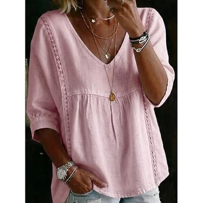 Per donna Blusa Fiocco Tinta unica Vintage Quotidiano Elegante Mezza Manica Scollo a V Top Regolari Quotidiano Blu Nero Bianco Giallo Rosa Estate Primavera