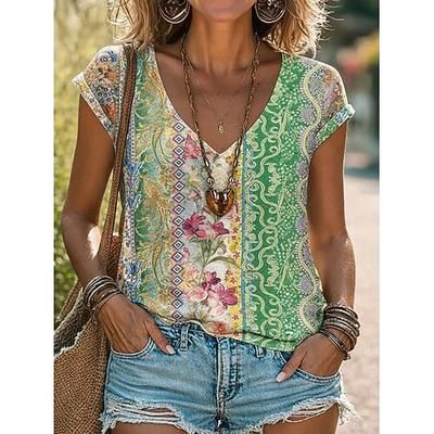 Per donna Maglietta Stampato Floreale Grafico Graffiti Bohemien Vintage Casual Manica Corta Scollo a V Top Regolari Quotidiano Blu Viola Arancione Verde Estate Primavera