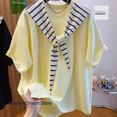 Coréen grande taille lâche rayé châle à manches courtes T-shirt femmes été nouvelle mode haute qualité décontracté faux deux hauts