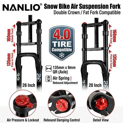 Nanlio Fat Bike Air Suspension Fork 20 26 Inch Double Crown MTB E-Bike Front Fork 135mm Travel 135x9mm QR For 4.0 Fat Tire Snow