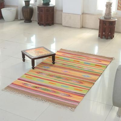 'Spring-Inspired Striped Wool Dhurrie Rug with Fringes (3x5)'