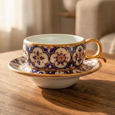 Royal Sip,'Floral Blue Benjarong Porcelain Cup and Saucer with 2k Gilt'