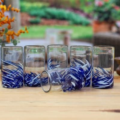 '6 Modern White Blue Eco-Friendly Handblown Highball Glasses'