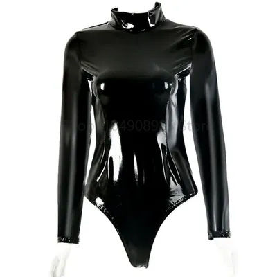 Gothique Look mouillé col roulé à manches longues Body chemise brillant PVC Catsuit Body hauts Sexy Body Clubwear une pièce haut