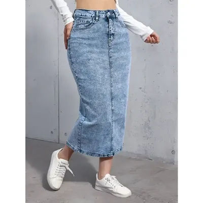 Jupe mi-longue en jean pour femme, toutes saisons, décontractée, polyvalente, bleu clair, simple, taille haute élastique