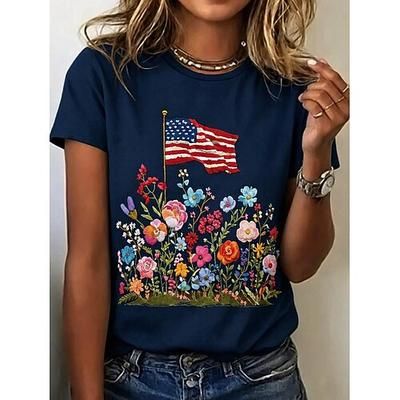 Giorno dell'Indipendenza Americana Per donna Maglietta Stampato Grafico Bandiera Lettera Vintage Moda Elegante Manica Corta Girocollo Top Regolari Casuale Quotidiano Weekend Bianco Blu marino Estate