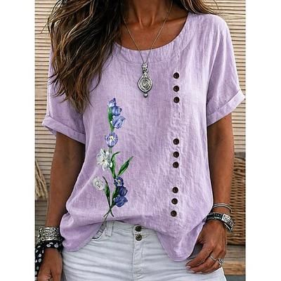Per donna Blusa Bottoni Floreale Grafico Elegante Vintage Quotidiano Manica Corta Girocollo Top Regolari Casuale Quotidiano Ferie Blu Bianco Giallo Rosa Viola Estate Primavera