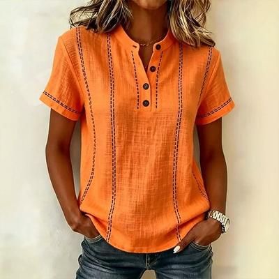 Per donna Camicie di cotone e lino Blusa Grafico A righe Vintage Elegante Essenziale Manica Corta Scollo a V Top Regolari Casuale Quotidiano Blu Bianco Rosa Arancione Verde Estate Primavera