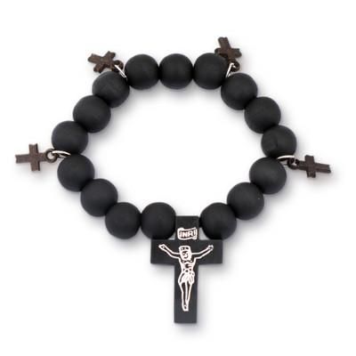 'Artisan-Made Sese Wood Cross Pendant Bracelet in Black Hues'